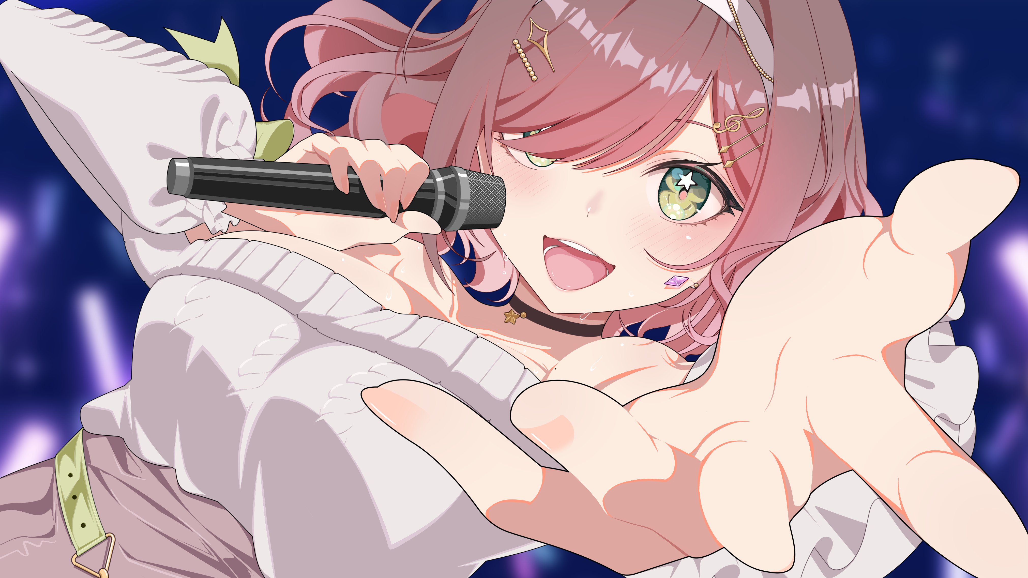 1girl absurdres bare_shoulders belt black_choker breasts brown_hair choker green_eyes hair_ornament hair_over_one_eye hairband hairclip highres holding holding_microphone indie_virtual_youtuber large_breasts long_sleeves looking_at_viewer microphone miori_celesta omas_lie open_mouth outstretched_arm short_hair smile solo sweater sweater_tucked_in upper_body virtual_youtuber white_sweater