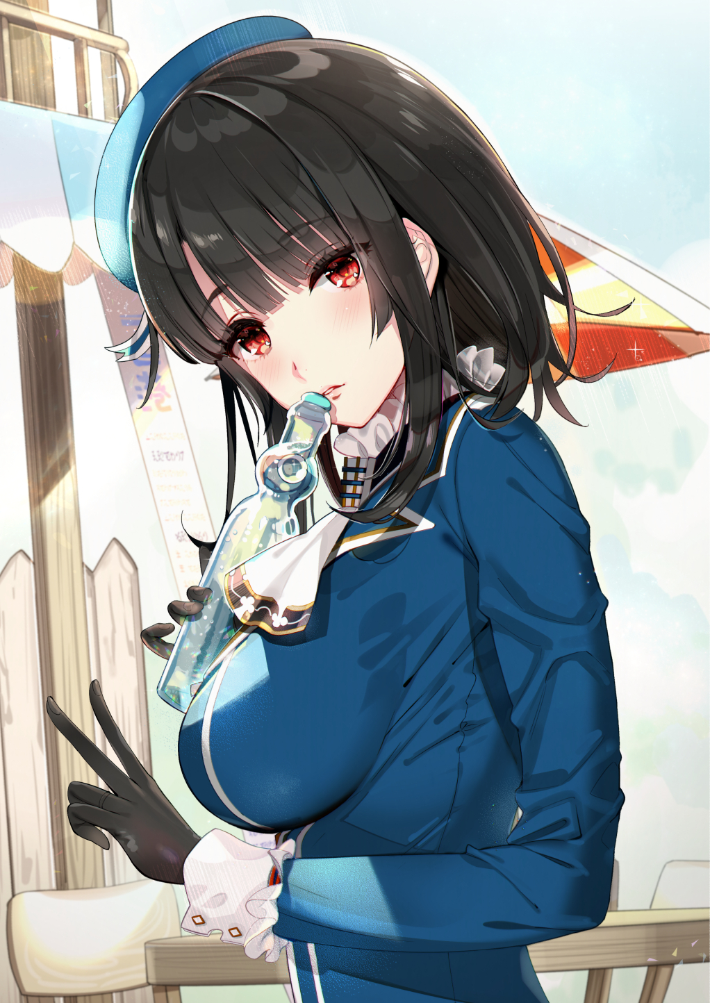 1girl ascot beret black_gloves black_hair bottle breasts gloves hat hayakawa_akari highres kantai_collection large_breasts lips long_sleeves looking_at_viewer military military_uniform outdoors parted_lips ramune red_eyes short_hair solo takao_(kancolle) upper_body white_ascot
