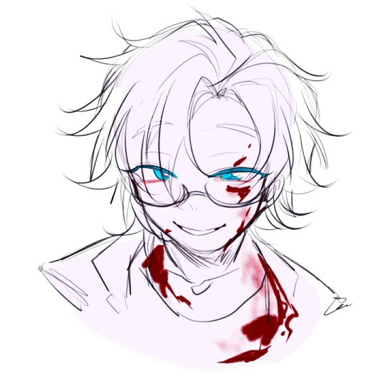1boy blood blood_on_clothes blood_on_face blue_eyes chinese_commentary colored_eyelashes commentary_request crazy_smile cropped_shoulders eyes_visible_through_hair glasses kanou_aogu lab_coat lapels lemijiang looking_at_viewer male_focus messy_hair notched_lapels open_mouth parted_bangs saibou_shinkyoku shirt short_hair simple_background smile solo teeth white_background