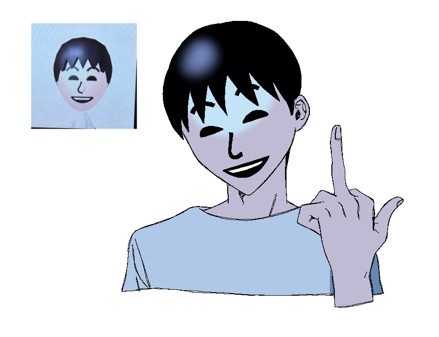 1boy black_hair closed_eyes commentary cropped_shoulders facing_viewer hand_up head_tilt jaggy_lines male_focus middle_finger mii_(nintendo) nintendo open_mouth original photo_inset raised_eyebrows reference_inset shirt short_hair smile solo takushi_(taxi739) white_background white_shirt