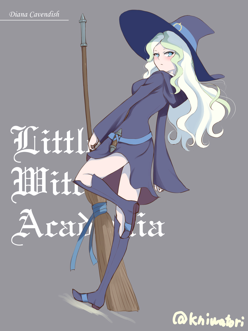 1girl belt blonde_hair blue_ribbon blush boots breasts broom character_name colored_tips copyright_name diana_cavendish dress from_side full_body green_hair grey_background hat hood legs little_witch_academia looking_at_viewer luna_nova_school_uniform multicolored_hair niwatori_kokezou purple_dress ribbon school_uniform signature simple_background solo standing standing_on_one_leg streaked_hair thighs witch witch_hat
