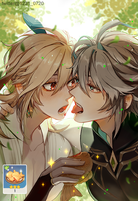 2boys alhaitham_(genshin_impact) antenna_hair black_gloves black_shirt blonde_hair bloom blurry blurry_background blush chest_jewel collarbone commentary english_commentary eye_contact eyelashes feather_hair_ornament feathers fingerless_gloves food food_on_face gem genshin_impact gloves green_eyes green_gemstone green_hair grey_hair hair_between_eyes hair_ornament hand_on_another&#039;s_shoulder hand_up holding holding_food kaveh_(genshin_impact) leaf light_particles long_hair looking_at_another lower_teeth_only male_focus multicolored_hair multiple_boys np_(1231_0720) official_art_inset open_mouth pectoral_cleavage pectorals red_eyes shirt short_hair sidelocks sleeveless sleeveless_shirt sparkle swept_bangs taiyaki teeth tongue tongue_out tree upper_body wagashi white_shirt x_hair_ornament yaoi