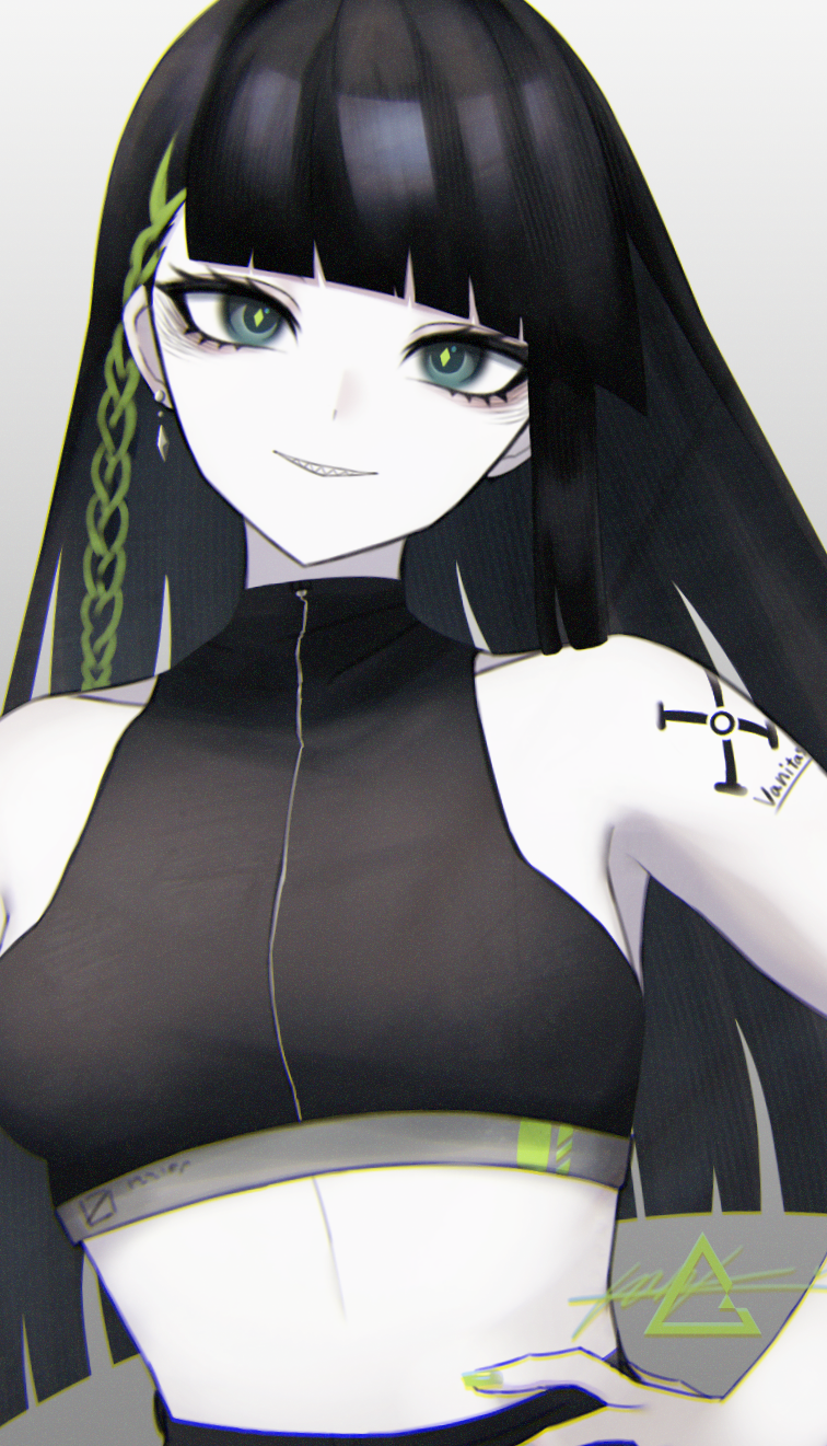 1girl bare_shoulders black_hair black_tank_top crop_top diamond-shaped_pupils diamond_(shape) eyelashes green_nails green_streaks hand_on_own_hip highres hime_cut long_eyelashes midriff monochrome multicolored_hair original sharp_teeth shoulder_tattoo smile spot_color streaked_hair sutorobo72 symbol-shaped_pupils tank_top tattoo teeth thick_eyelashes