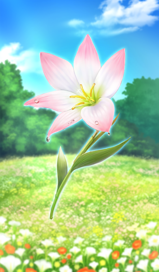 blue_sky blurry blurry_background cloud commentary dew_drop fate/grand_order fate_(series) field flower flower_field flower_focus lily_(flower) no_humans official_art pink_flower pluto11sco sky still_life third-party_source water_drop