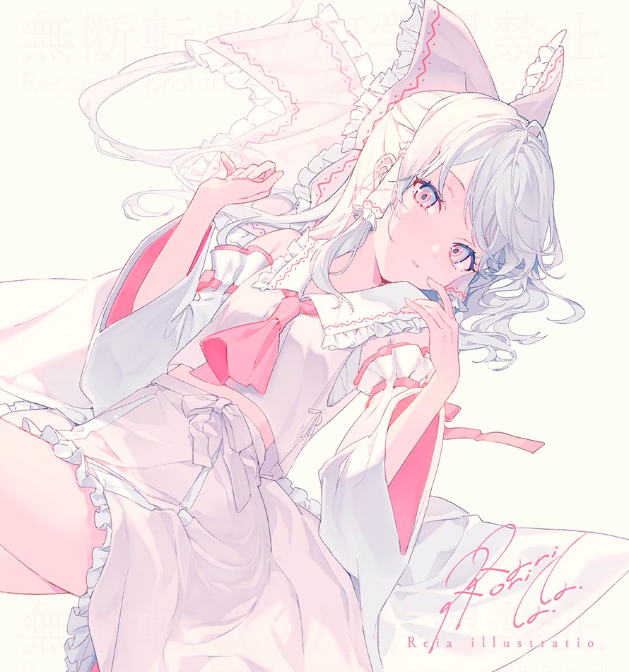1girl alternate_eye_color alternate_hair_color cowboy_shot detached_sleeves frills furisode hair_ribbon hakurei_reimu hands_up japanese_clothes kimono kimono_dress knee_up long_hair lying neckerchief on_back parted_lips purple_eyes reia ribbon signature simple_background solo thighs touhou white_background white_hair