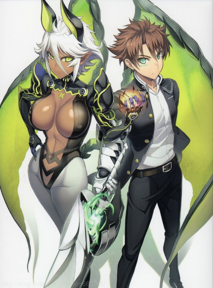 10s 1boy 1girl breasts dark_skin gradient_background large_breasts official_art ookuma_nekosuke shinmai_maou_no_testament standing toujou_basara white_hair yellow_eyes zest