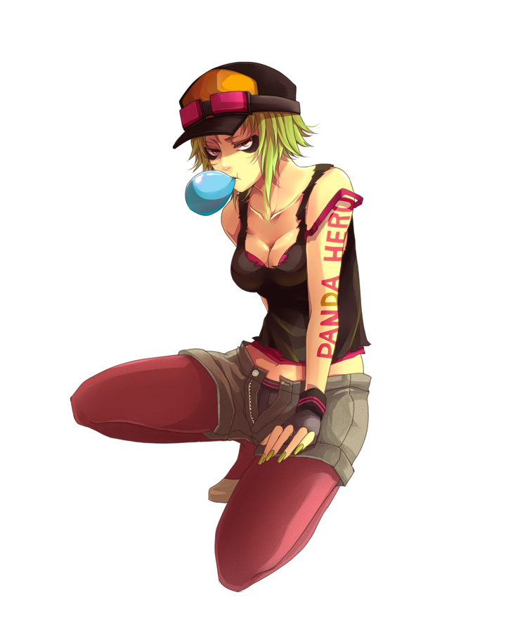 1girl bags_under_eyes bare_shoulders blowing_bubbles body_writing breasts chewing_gum cleavage collarbone copyright_name domco eyeshadow female_focus fingerless_gloves full_body gloves goggles goggles_on_headwear green_hair green_nails grey_hair gumi hat kneeling looking_at_viewer makeup medium_breasts nail_polish on_one_knee open_clothes open_fly open_shorts panda_hero_(vocaloid) panties panties_under_pantyhose pantyhose pantyhose_under_shorts red_pantyhose short_shorts shorts sleeveless solo squatting tank_top tattoo transparent_background underwear unzipped vocaloid