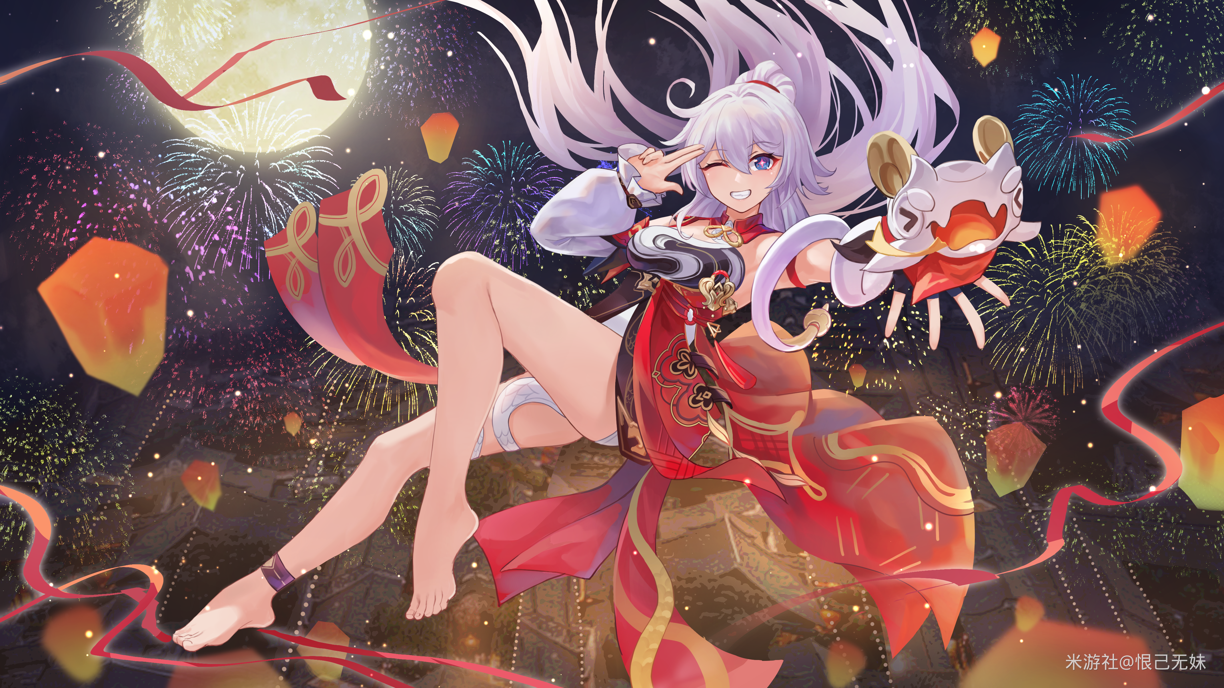 1girl ;p absurdres aerial_fireworks barefoot blue_eyes breasts chinese_commentary commentary_request detached_sleeves dress feet fireworks full_moon henjiwumei highres honkai_(series) honkai_impact_3rd kiana_kaslana kiana_kaslana_(ba-dum!_fiery_wishing_star) lantern large_breasts long_hair looking_at_viewer miyoushe_watermark moon night night_sky one_eye_closed paper_lantern ponytail red_dress rice_cake_(honkai_impact) sky sky_lantern snake star-shaped_pupils star_(symbol) symbol-shaped_pupils toes tongue tongue_out watermark