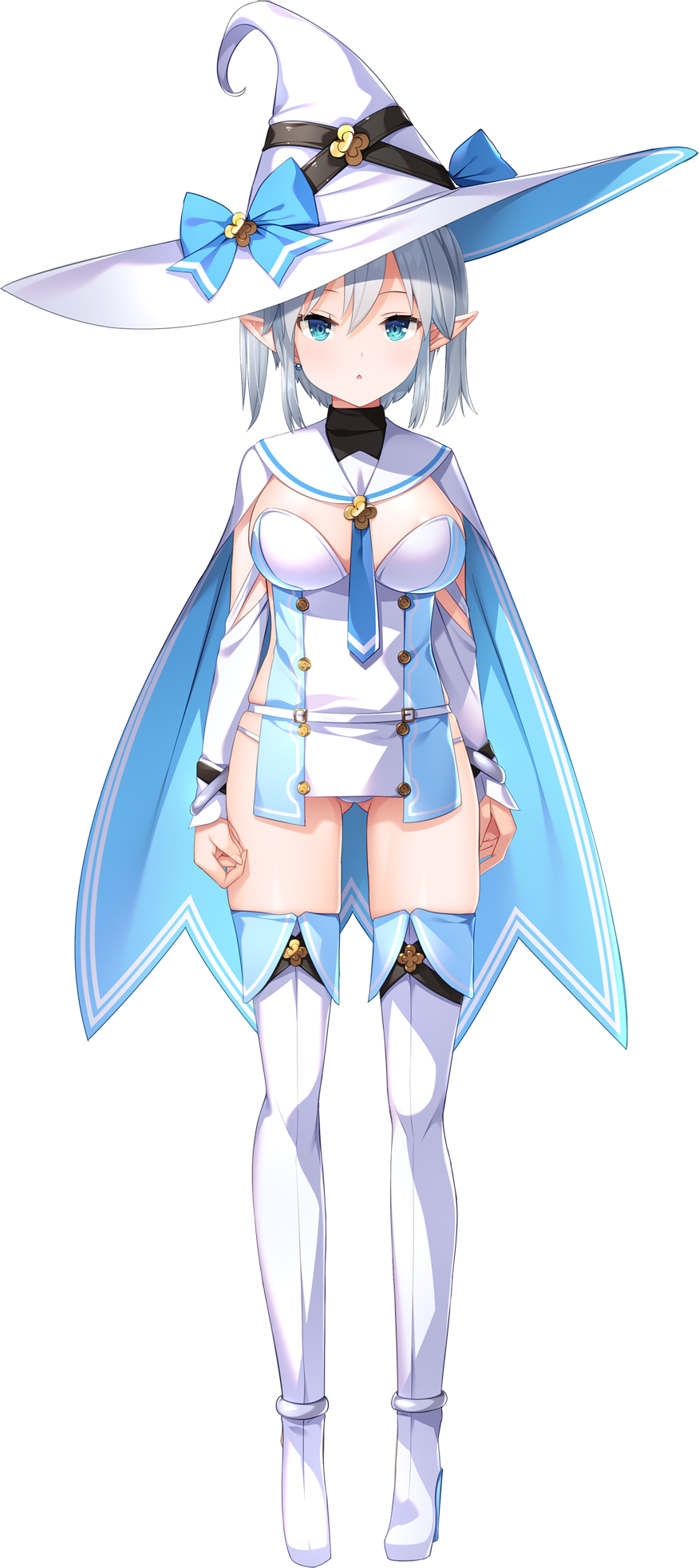 :o arms_at_sides belt blue_bow blue_cape blue_eyes blue_hat blue_necktie boots bow breasts cape cleavage detached_sleeves elf full_body game_cg girls_frantic_clan grey_hair hat hat_bow high_heels highres large_breasts long_pointy_ears looking_at_viewer matsudo_minami necktie non-web_source official_art panties pointy_ears tachi-e thigh_boots transparent_background tunic twintails two-tone_cape two-tone_hat underwear white_boots white_cape white_hat white_panties white_tunic witch_hat yaegashi_nan