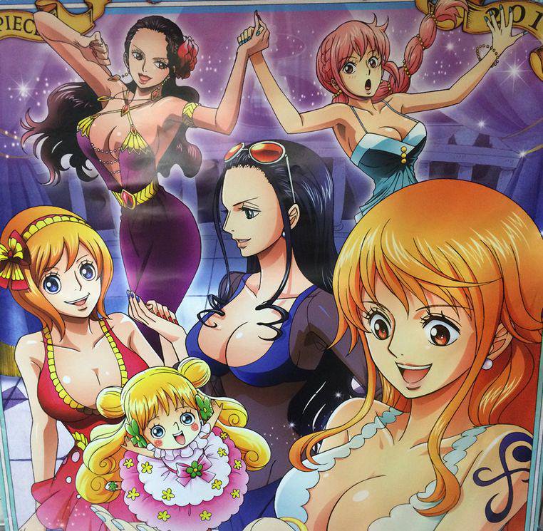 6+girls bare_shoulders black_hair blonde_hair blue_eyes blush blush_stickers braid breasts cleavage curvy dress female_focus happy koala_(one_piece) large_breasts long_hair looking_at_viewer mansherry_(one_piece) multiple_girls nail_polish nami_(one_piece) nico_robin no_bra one_piece orange_hair pink_hair princess rebecca_(one_piece) smile tattoo viola_(one_piece)