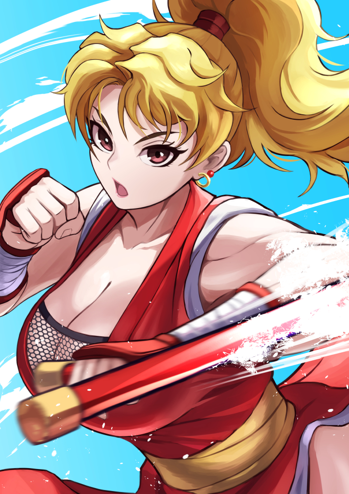 1girl blonde_hair breasts brown_eyes capcom cleavage commentary_request earrings ema_(emaura) female_focus final_fight final_fight_2 fishnets genryuusai_maki high_ponytail holding holding_weapon japanese_clothes jewelry large_breasts long_hair looking_at_viewer motion_blur obi open_mouth ponytail revealing_clothes sash simple_background solo tonfa upper_body weapon