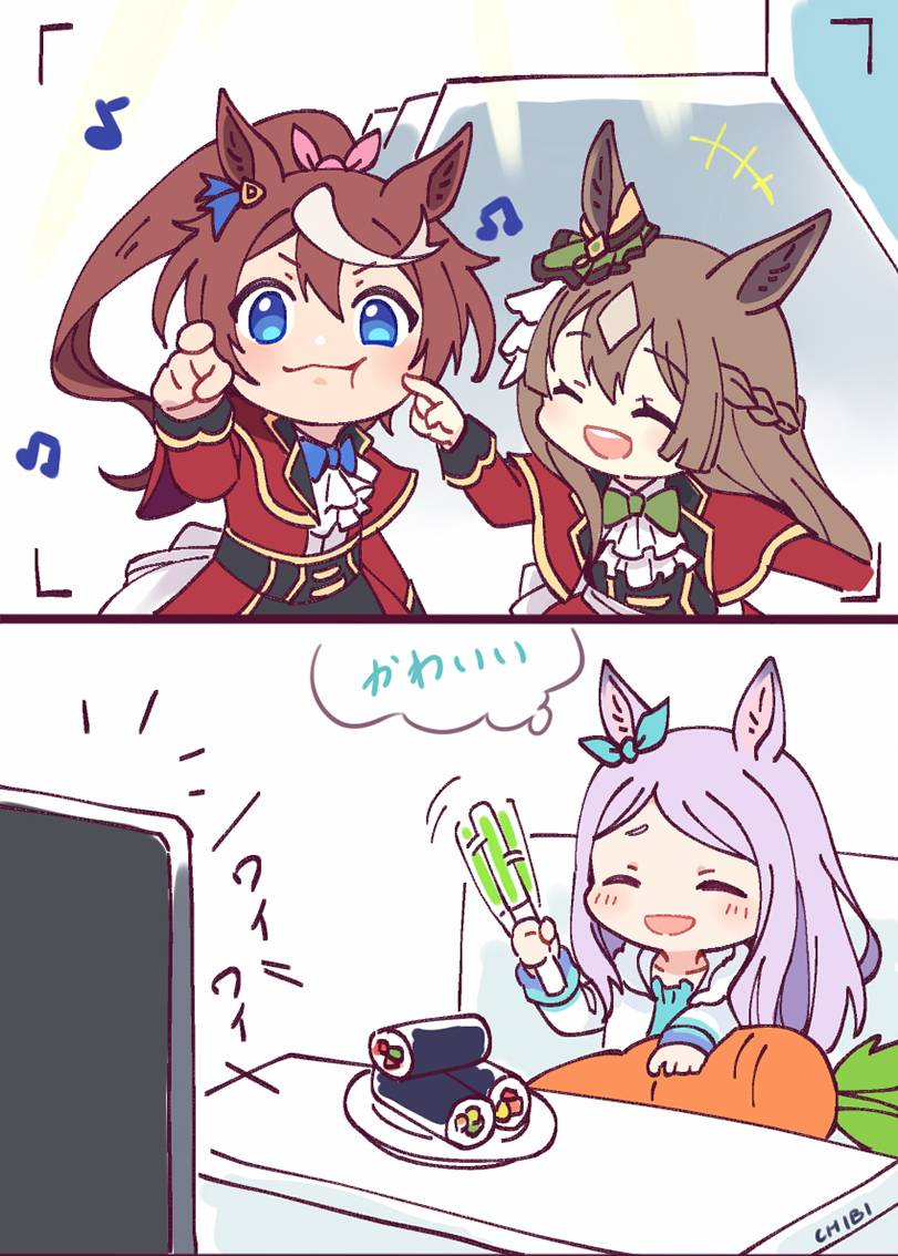3girls animal_ears braid brown_hair closed_eyes closed_mouth ehoumaki food glowstick holding holding_glowstick horse_ears horse_girl long_hair makizushi mejiro_mcqueen_(umamusume) multiple_girls open_mouth poking satono_diamond_(umamusume) speech_bubble stuffed_food sushi thought_bubble tokai_teio_(umamusume) tomato_mameta umamusume viewfinder watching_television
