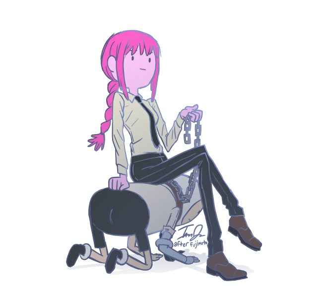 1boy 1girl adventure_time all_fours animal_hood artist_name black_necktie black_pants braid braided_ponytail chainsaw_man collared_shirt colored_skin cosplay denji_(chainsaw_man) denji_(chainsaw_man)_(cosplay) finn_the_human hood human_chair human_furniture ian_jones-quartey leash makima_(chainsaw_man) makima_(chainsaw_man)_(cosplay) mechanical_arms necktie pants pink_hair pink_skin princess_bonnibel_bubblegum shirt single_mechanical_arm sitting sitting_on_person