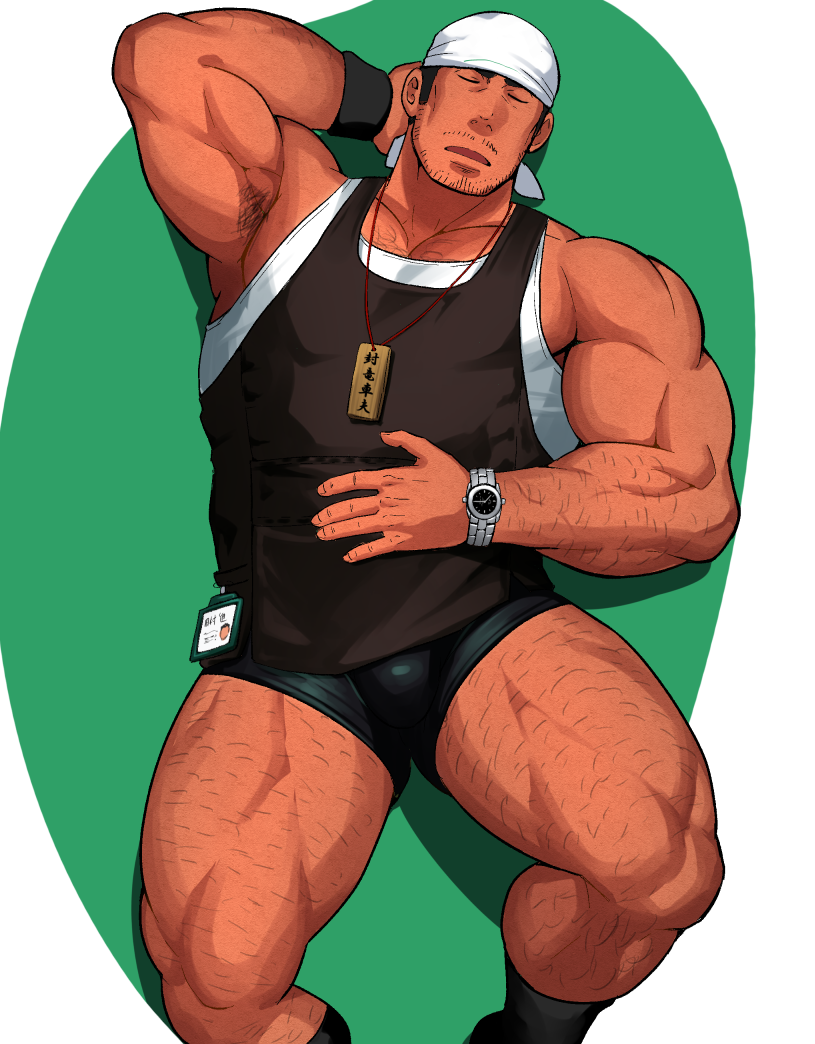 1boy abs arm_behind_head armpits bara beard beard_stubble bulge facial_hair feet_out_of_frame from_above full_beard gluteal_fold hairy headscarf large_pectorals lying male_focus mature_male muscular muscular_male mustache_stubble on_back original pectorals sakuramarusan short_hair short_shorts shorts sidepec sleeping solo strongman_waist stubble tank_top thick_eyebrows thick_thighs thighs watch wristwatch