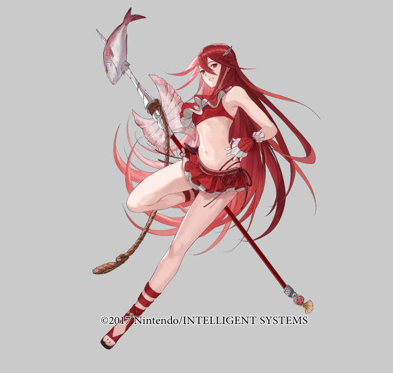 1girl bare_shoulders bikini bikini_skirt closed_mouth collarbone copyright_notice cordelia_(fire_emblem) cordelia_(knight_paradise)_(fire_emblem) duplicate fingerless_gloves fingernails fire_emblem fire_emblem_awakening fire_emblem_heroes fish full_body gloves grey_background hair_ornament halterneck head_tilt high_heel_sandals high_heels holding holding_weapon long_hair looking_at_viewer mayo_(becky2006) navel nintendo official_art polearm red_eyes red_hair rope sandals sidelocks smile solo spear standing starfish swimsuit very_long_hair weapon