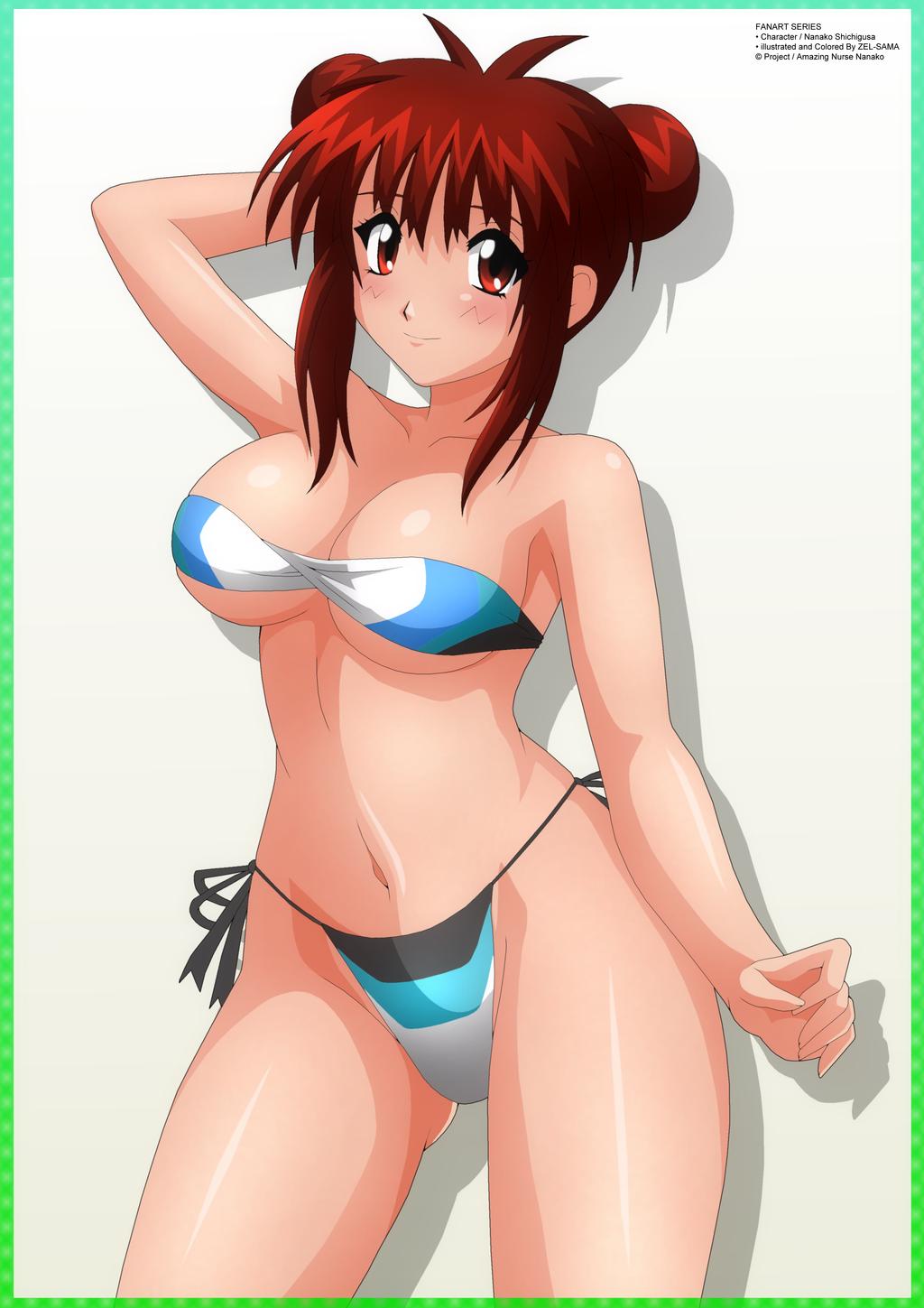 1girl arm_behind_head arm_up bikini black_bikini blue_bikini blush breasts cleavage collarbone double_bun female_focus hair_bun highres large_breasts looking_at_viewer multicolored_bikini nanako_kaitai_shinsho red_eyes red_hair shichigusa_nanako side-tie_bikini_bottom smile solo standing swimsuit white_background white_bikini zel-sama