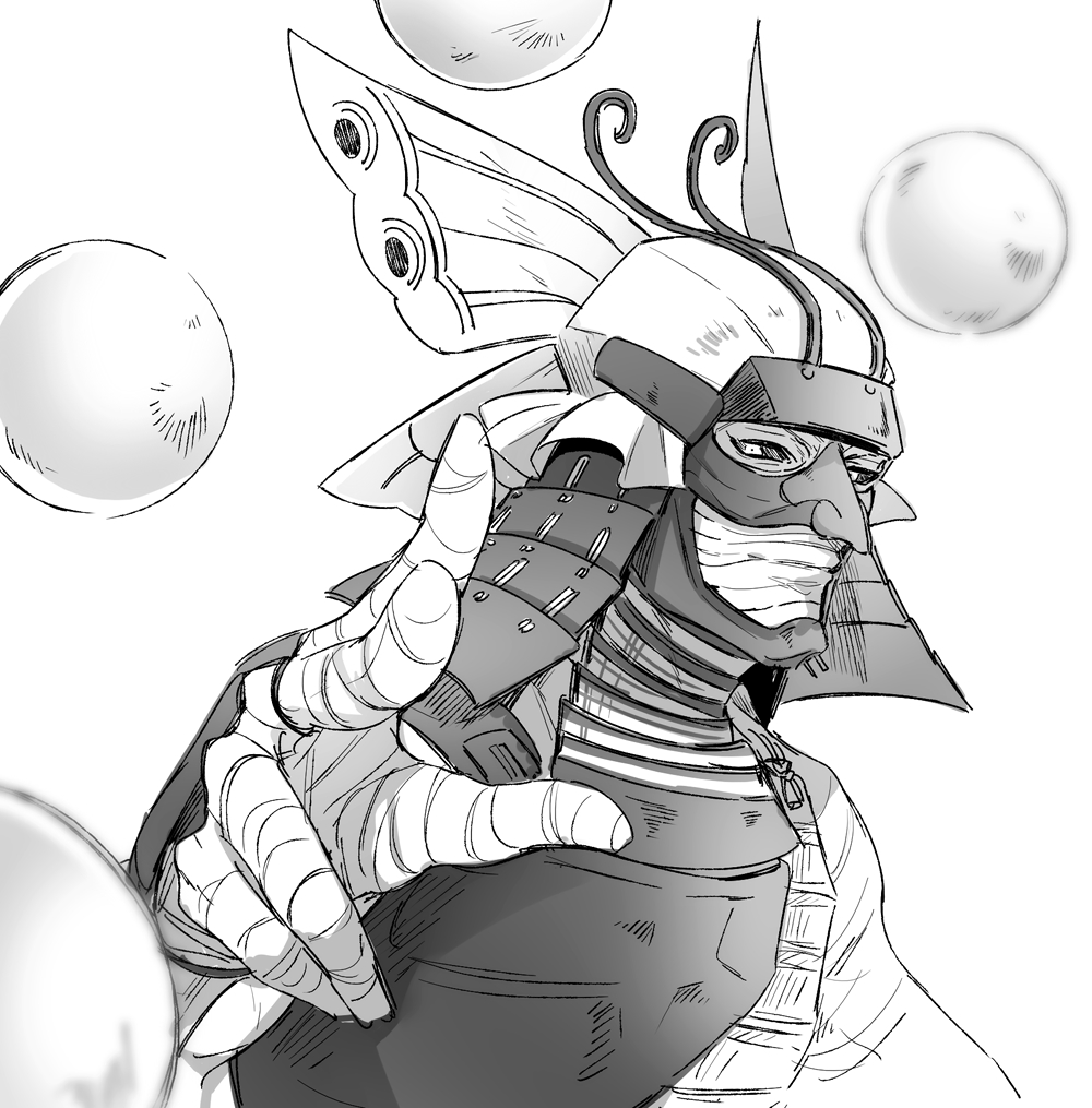 1boy armor bandaged_arm bandaged_hand bandaged_head bandages black_sclera colored_sclera covered_mouth floating floating_object greyscale helmet japanese_armor kabuto_(helmet) kkkaaaayyy looking_at_viewer male_focus monochrome ootani_yoshitsugu_(sengoku_basara) orb portrait sengoku_basara simple_background smirk solo white_background