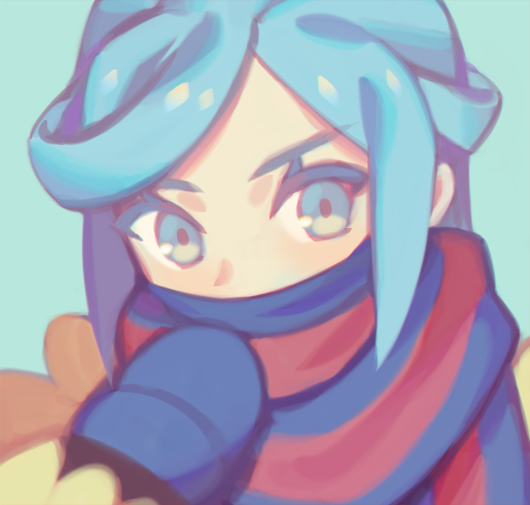 1boy blue_eyes blue_hair blue_mittens blue_scarf commentary_request eyelashes green_background grusha_(pokemon) hand_up jacket long_sleeves looking_at_viewer male_focus mittens nintendo pokemon pokemon_sv portrait scarf scarf_over_mouth solo striped_clothes striped_scarf wusagi2 yellow_jacket