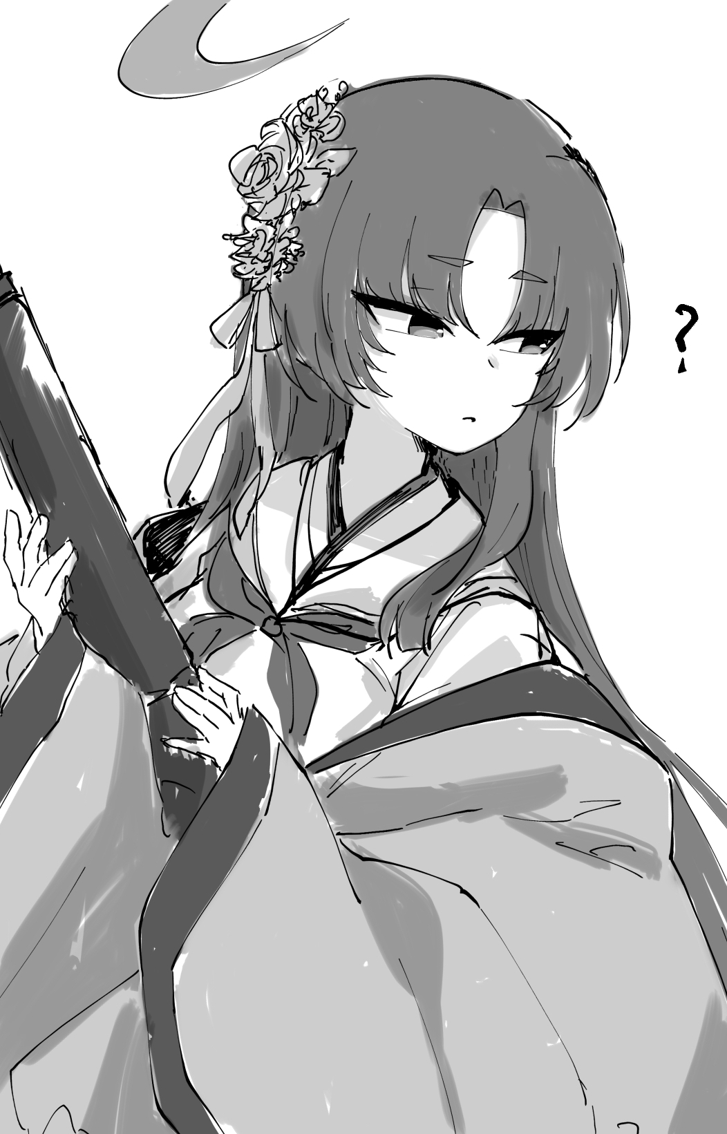 1girl ? blue_archive greyscale highres japanese_clothes kimono long_hair looking_to_the_side monochrome simple_background sin_seishun solo white_background yukari_(blue_archive)
