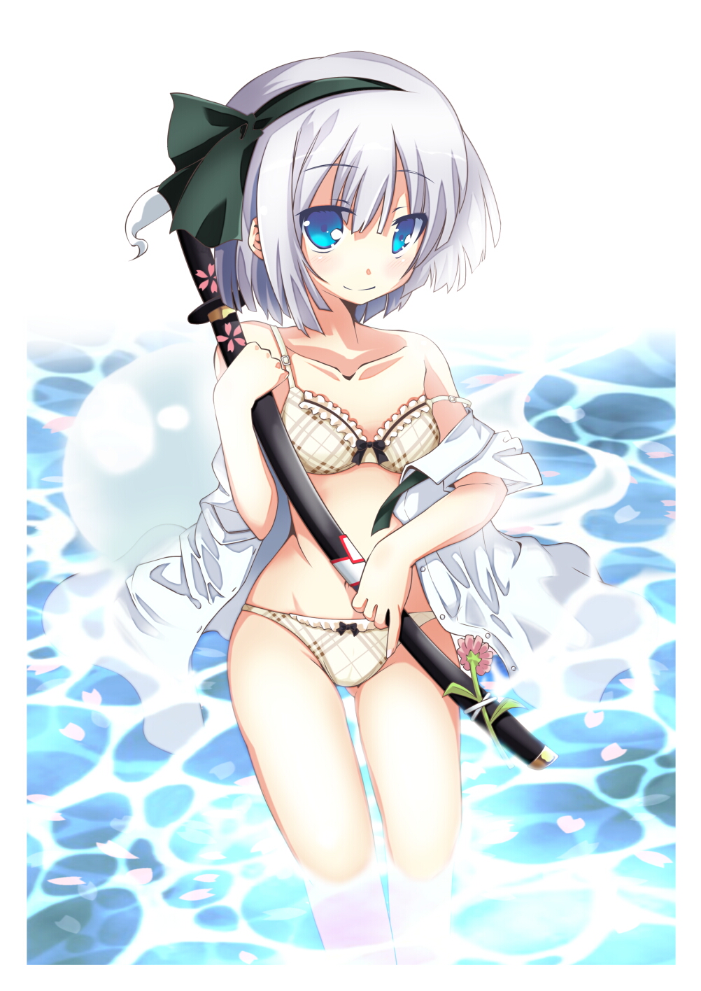 1girl bikini blue_eyes bow cherry_blossoms collarbone female_focus hair_bow highres hitodama katana konpaku_youmu konpaku_youmu_(ghost) petals sheath sheathed short_hair silver_hair solo swimsuit sword take_tonbo touhou wading weapon white_bikini