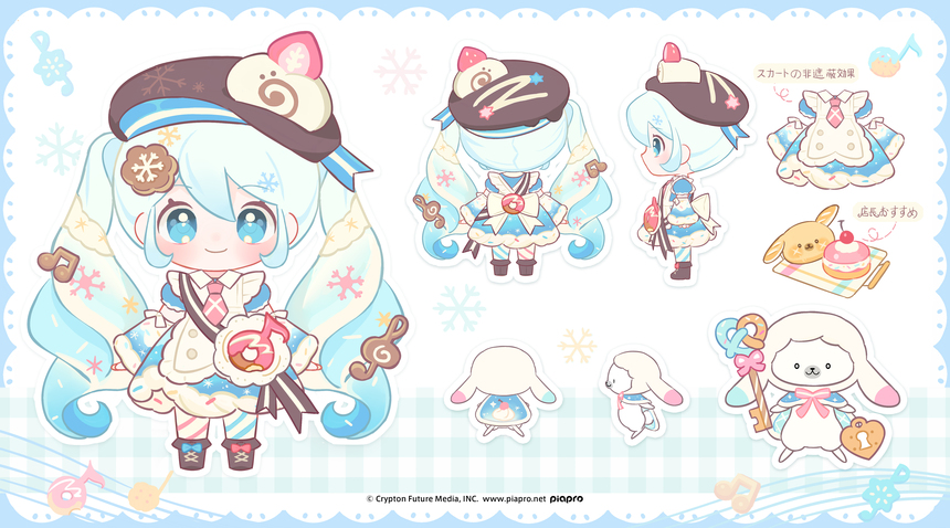 1girl animal apron beamed_eighth_notes beret blue_dress blue_hair boots bow brown_hat cake character-themed_food character_name chibi chibi_only commentary concept_art cookie cookie_hair_ornament copyright_logo detached_sleeves donut dress dress_bow eighth_note food food-themed_hair_ornament footwear_bow fortissimo from_behind from_side fruit hair_ornament hat hatsune_miku holding holding_key key kuro_(cold_air) lace-up_boots lock long_hair looking_at_viewer mismatched_socks multiple_views musical_note musical_note_hair_ornament necktie pink_necktie pretzel rabbit rabbit_yukine reference_sheet short_necktie smile snowflake_print socks sprinkles strawberry strawberry_slice striped_clothes striped_socks swiss_roll treble_clef twintails very_long_hair vocaloid white_apron white_hood yuki_miku yuki_miku_(2026)_(candidate_no.5)