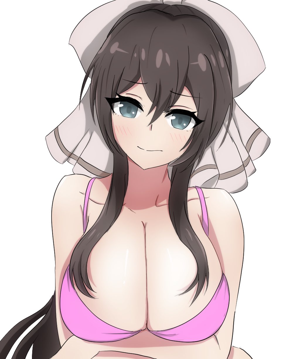 1girl aqua_eyes arms_under_breasts assault_lily bare_arms bare_shoulders blush bow bra breasts brown_bow brown_hair cleavage closed_mouth collarbone commentary_request crossed_arms hair_between_eyes hair_bow head_tilt highres large_breasts long_hair looking_at_viewer nukenin_(maato) pink_bra serizawa_chikaru sidelocks simple_background solo underwear underwear_only upper_body white_background