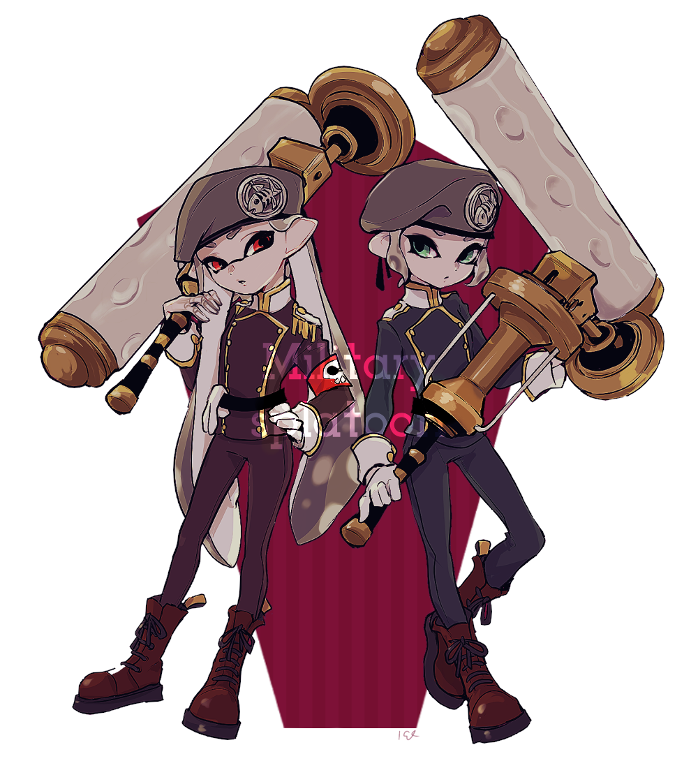 2girls armband beret blonde_hair blue_jacket blue_pants boots brown_boots brown_hat brown_jacket brown_pants commentary_request dynamo_roller_(splatoon) epaulettes full_body gloves green_eyes hair_behind_ear hand_on_own_hip hat holding holding_weapon imaikuy0 inkling inkling_girl inkling_player_character jacket long_hair long_sleeves looking_at_viewer military_uniform multiple_girls nintendo octoling octoling_girl octoling_player_character pants pointy_ears red_armband red_eyes short_hair splatoon_(series) standing tentacle_hair transparent_background twintails very_long_hair weapon white_gloves