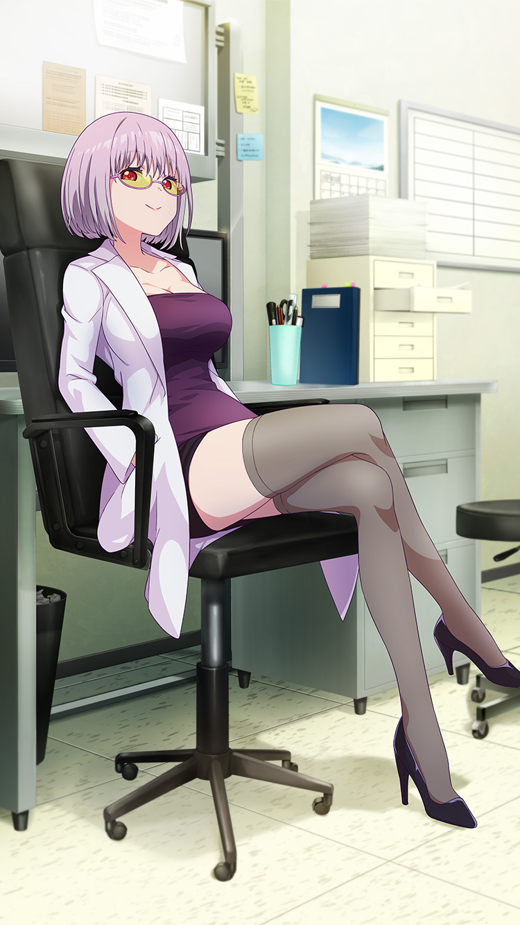 1girl black_shoes black_skirt black_thighhighs breasts c: chair cleavage closed_mouth coat crossed_legs full_body game_cg glasses gridman_universe hands_in_pockets high_heels highres indoors lab_coat large_breasts looking_at_viewer miniskirt office office_chair official_art on_chair pink-framed_eyewear pink_hair pumps purple_shirt red_eyes semi-rimless_eyewear shinjou_akane shirt shoes short_hair sitting skirt smile solo ssss.gridman swivel_chair thighhighs third-party_source tinted_eyewear under-rim_eyewear white_coat yellow-tinted_eyewear
