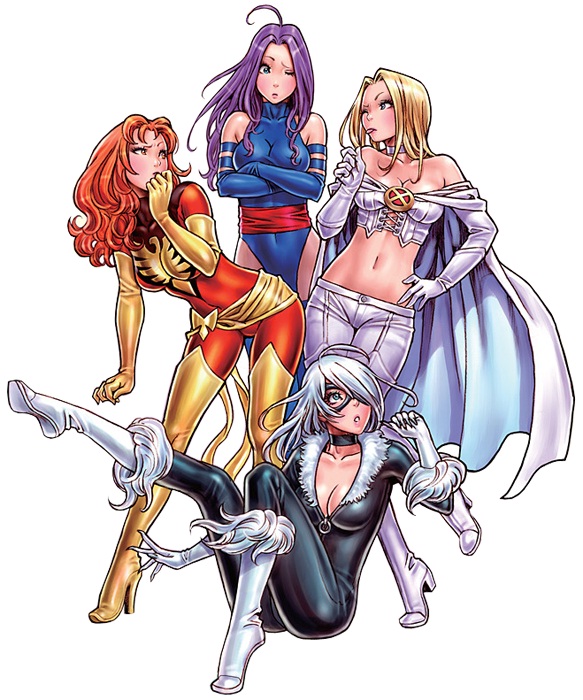 10s 4girls :o :p ;p ahoge animification bare_shoulders bent_over bird black_cat_(marvel) blonde_hair blue_eyes blue_gloves blue_thighhighs blush bodysuit boots breasts bustier cape choker claws cleavage corset covered_navel covering_own_mouth crop_top cross-laced_clothes crossed_arms crossover dark_phoenix elbow_gloves emma_frost eye_contact felicia_hardy fur fur_trim gloves green_eyes groin hair_over_one_eye hand_on_own_hip hand_over_mouth hand_over_own_mouth high_heels hip_focus jean_grey knee_boots leg_lift leg_up leotard lingerie long_hair looking_at_another marvel mask midriff multiple_girls navel ninja off_shoulder one_eye_closed open_mouth orange_eyes orange_hair pants parted_lips phoenix psylocke purple_hair red_hair sarong sash shoes simple_background sitting skin_tight spider-man_(series) standing standing_on_one_leg superhero_costume thigh_boots thighhighs tongue tongue_out turtleneck underwear white_gloves white_hair white_thighhighs wink x-men yamashita_shun&#039;ya yellow_boots yellow_gloves yellow_legwear zipper
