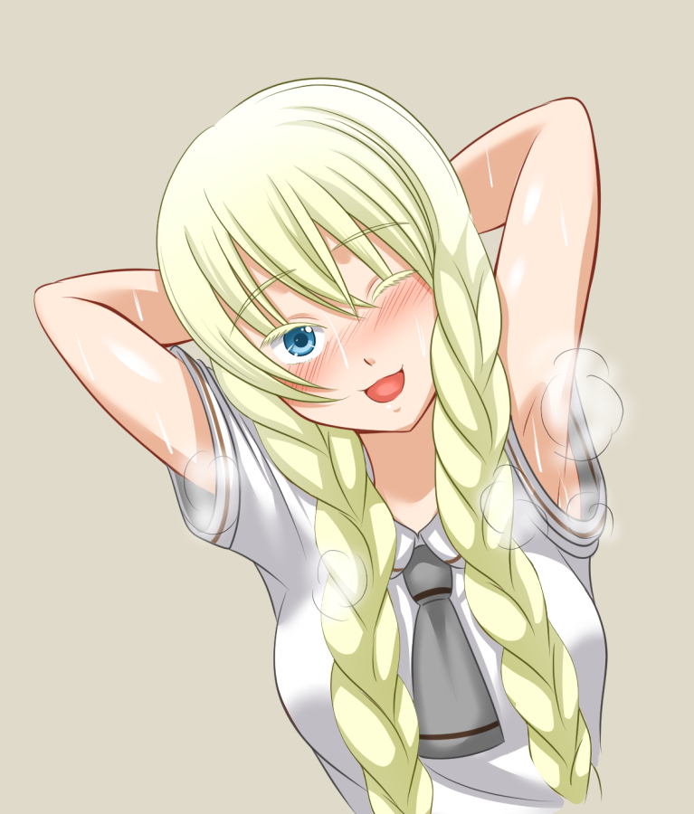1girl armpits arms_behind_head arms_up asobi_asobase blonde_hair blush braid breasts eyelashes head_tilt hot large_breasts long_hair looking_at_viewer mamemarumametarou necktie olivia_(asobi_asobase) one_eye_closed open_mouth school_uniform shirt short_sleeves simple_background smile steam steaming_body summer_uniform sweat twin_braids upper_body white_shirt