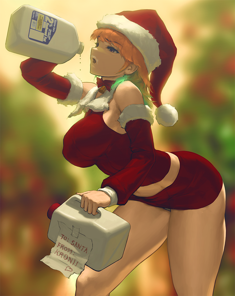 1girl bare_shoulders bell bottle bow bowtie breasts detached_sleeves earrings feather_earrings feathers gradient_hair hat hololive hololive_english infi jewelry jingle_bell large_breasts long_hair midriff milk milk_bottle multicolored_hair neck_bell open_mouth orange_hair pencil_skirt purple_eyes red_skirt santa_hat skirt sleeveless solo sticky_note takanashi_kiara virtual_youtuber