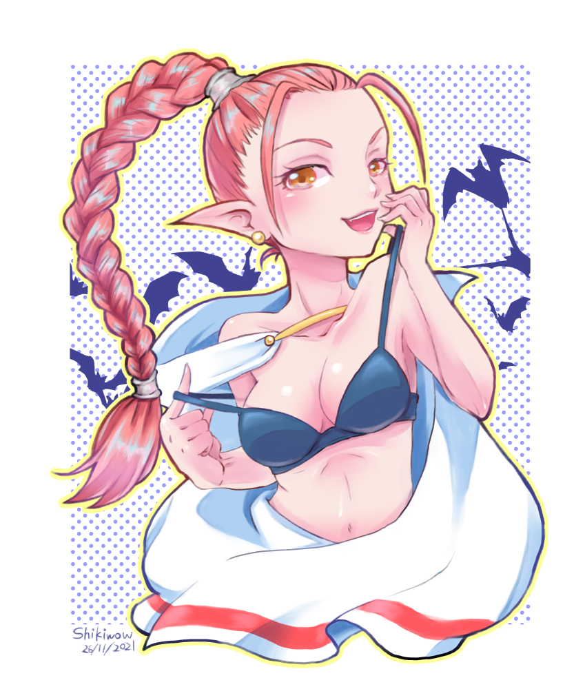 1boy bat_(animal) bra braid breasts brown_eyes cape chrono_trigger cleavage collarbone commentary dated earrings flea_(chrono_trigger) jewelry long_hair looking_at_viewer male_focus male_with_breasts open_mouth pink_hair pointy_ears shikiwo single_braid smile solo trap underwear
