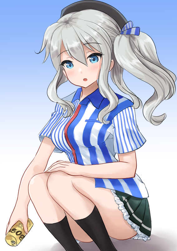 1girl black_skirt black_socks blue_background blue_eyes blue_shirt can canned_coffee convenient_leg drink_can employee_uniform gradient_background grey_hair kantai_collection kashima_(kancolle) kashima_(lawson)_(kancolle) kitagawa_mikio lawson long_hair looking_at_viewer pleated_skirt shirt skirt socks solo squatting striped_clothes striped_shirt twintails wavy_hair