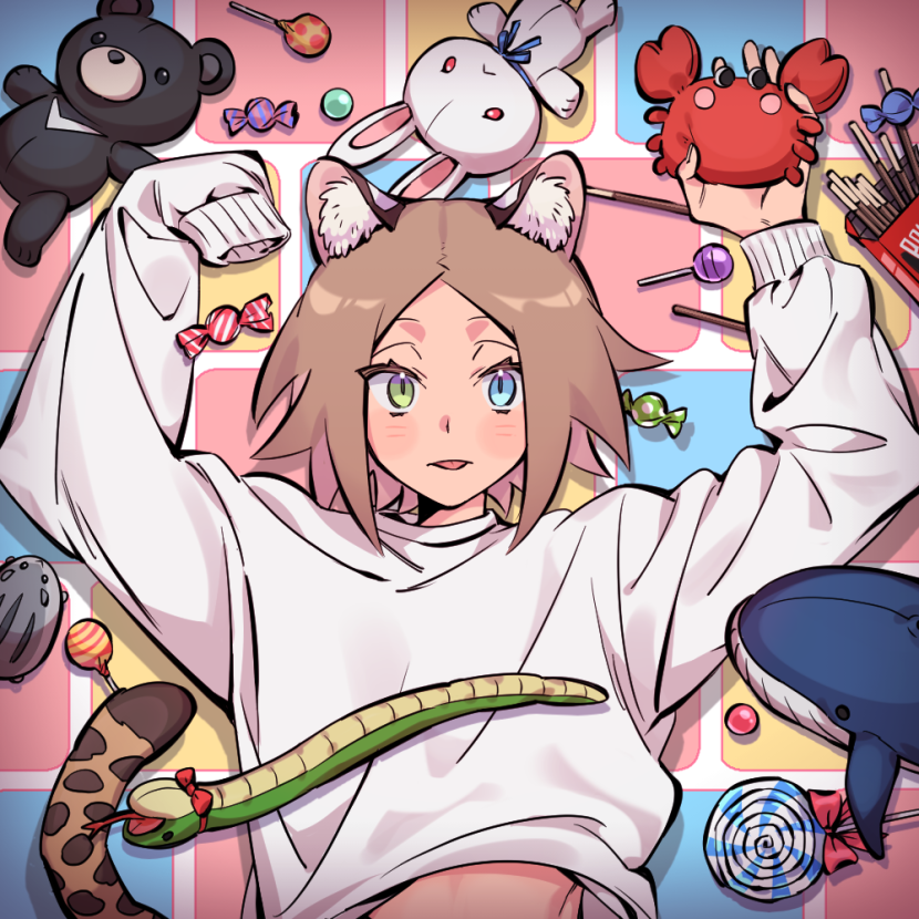 1boy :p animal_ears blue_eyes bow bowtie brown_hair candy cat_ears cat_tail cropped_torso food green_eyes heterochromia isaac_(adey) lollipop looking_at_viewer lying male_focus medium_hair midriff on_back original parted_bangs pocky red_bow red_bowtie shirt solo stuffed_animal stuffed_crab stuffed_hamster stuffed_rabbit stuffed_snake stuffed_toy stuffed_whale tail teddy_bear ten_(lu2948d) tile_floor tiles tongue tongue_out white_shirt