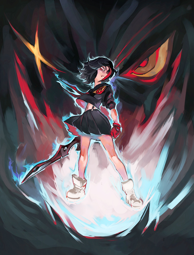 10s 1girl kill_la_kill matoi_ryuuko multicolored_hair school_uniform scissor_blade_(kill_la_kill) senketsu simonori suspenders sword weapon