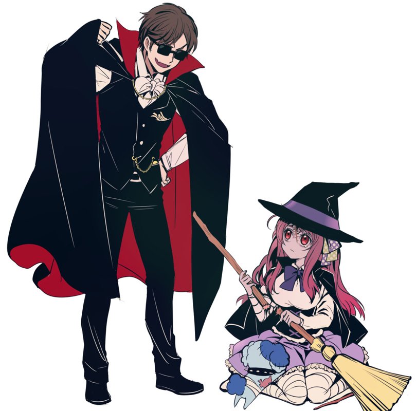 1boy 1girl 1other alternate_costume bandages bandaged_leg bandages black_footwear bow bowtie broken broom brown_hair cape da_huang dog fang full_body hair_ribbon hat long_hair pants long_sleeves medium_skirt minamoto_sakura pants pocket_watch red_eyes red_hair ribbon romero_(zombie_land_saga) scar scar_on_face shoes short_hair sitting skirt standing tatsumi_koutarou underbust vampire_costume vest wariza watch witch witch_hat zombie_girl zombie_land_saga