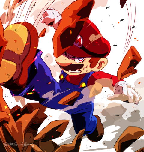 1boy angry blue_eyes brown_hair dust facial_hair gloves hat jumping looking_at_viewer mario mario_(series) mustache nintendo overalls platiniridium solo super_mario_bros._1