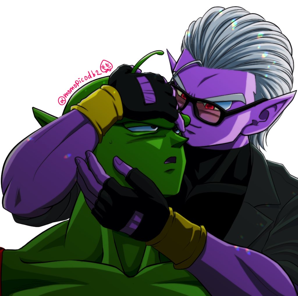 2boys antennae arm_around_neck bald black-framed_eyewear black_eyes black_gloves black_shirt blazer colored_skin commentary_request demon_boy dragon_ball dragon_ball_heroes fingerless_gloves fu_(dragon_ball) glasses gloves green_skin grey_jacket hair_slicked_back half-closed_eyes hand_on_another&#039;s_face implied_yaoi jacket looking_at_another male_focus medium_hair momochamplu multiple_boys muscular muscular_male namekian open_mouth piccolo pointy_ears purple_skin red_eyes shirt single_bang smirk sweatdrop tinted_eyewear topless_male twitter_username upper_body v-shaped_eyebrows white_background white_hair yellow-tinted_eyewear