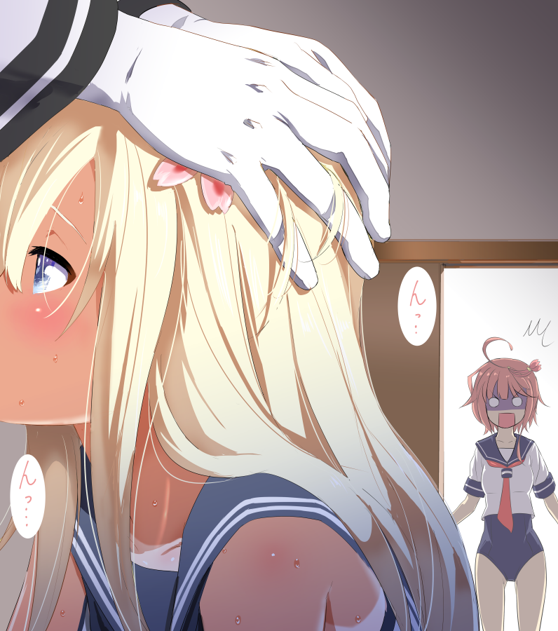 10s 1boy 2girls ^^^ admiral_(kancolle) bare_shoulders blonde_hair blue_eyes blue_one-piece_swimsuit blush close-up dark-skinned_female dark_skin door empty_eyes flower food from_side gloves hair_between_eyes hair_flower hair_ornament hairband hands_on_another&#039;s_head hetero hibiscus i-58_(kancolle) implied_fellatio indoors kantai_collection legs_apart long_hair long_sleeves md5_mismatch multiple_girls mushi_gyouza o_o one-piece_swimsuit out-of-frame_censoring profile rectangular_mouth ro-500_(kancolle) school_swimsuit sexually_suggestive shaded_face shirt sleeve_cuffs sleeveless sleeveless_shirt standing surprised sweat sweatdrop swimsuit swimsuit_under_clothes tan tanline tareme turn_pale umaibou walk-in white_gloves white_shirt