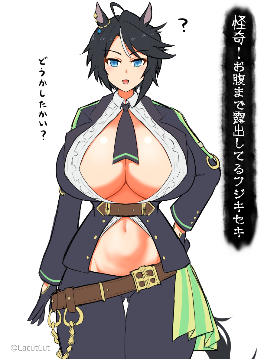 1girl ? animal_ears black_hair blue_eyes breasts cleavage cube_(huidama) fuji_kiseki_(umamusume) horse_ears horse_girl huge_breasts messy_hair navel necktie open_clothes short_hair simple_background tagme umamusume white_background