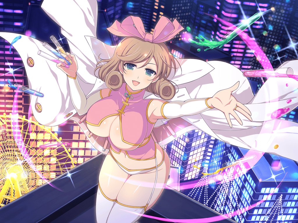 1girl :d armpits blush bow breasts bridal_gauntlets building chemicals city city_lights cityscape cleavage coat corset curly_hair ferris_wheel garter_straps green_eyes groin hair_bow haruka_(senran_kagura) holding holding_test_tube infinity_symbol lab_coat large_breasts lens_flare light_particles looking_at_viewer navel night official_alternate_costume official_art on_rooftop open_clothes open_coat open_mouth outdoors panties pink_bow pink_garter_belt rooftop senran_kagura senran_kagura_new_link senran_kagura_shinovi_versus senran_kagura_shoujo-tachi_no_shin&#039;ei short_hair skyscraper smile solo sparkle swept_bangs test_tube thighhighs tossing underboob underwear vial white_bridal_gauntlets white_coat white_garter_straps white_panties white_thighhighs yaegashi_nan