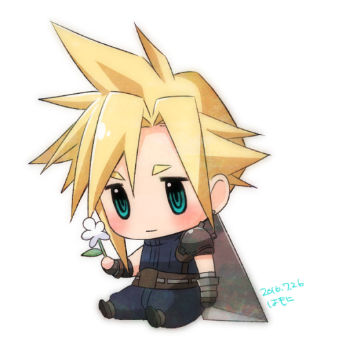 1boy armor belt blonde_hair blue_eyes blue_pants blue_shirt blush boots buster_sword chibi cloud_strife earrings final_fantasy final_fantasy_vii flower gloves jewelry krudears pants shirt shoulder_armor sitting solo spiked_hair square_enix suspenders turtleneck white_background white_flower world_of_final_fantasy