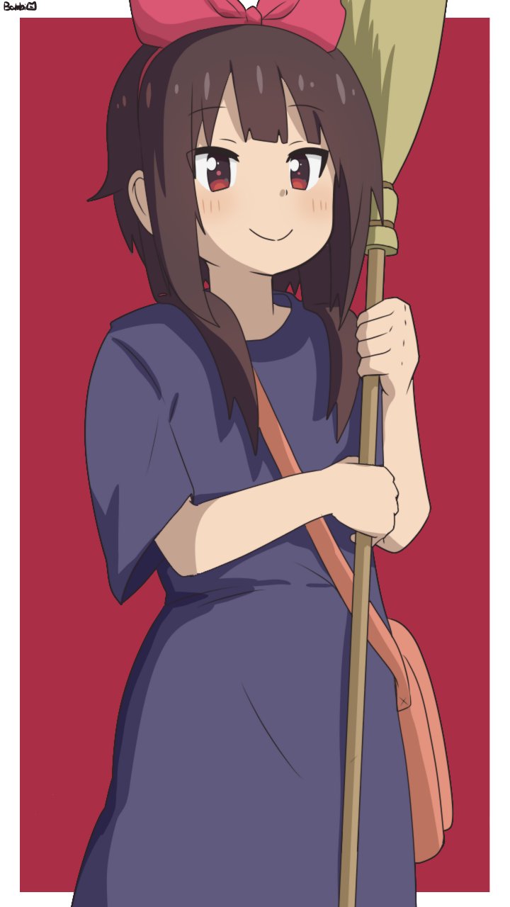 1girl artist_name bag bambi2000line black_dress blush border bow broom brown_bag brown_hair closed_mouth commentary cosplay cowboy_shot dress hair_bow hair_over_shoulder hair_ribbon hairband highres holding holding_bag holding_broom kiki_(majo_no_takkyuubin) kiki_(majo_no_takkyuubin)_(cosplay) kono_subarashii_sekai_ni_shukufuku_wo! majo_no_takkyuubin megumin messenger_bag outside_border red_background red_bow red_eyes red_hairband red_ribbon ribbon short_hair short_hair_with_long_locks short_sleeves shoulder_bag sidelocks signature simple_background smile solo standing white_border