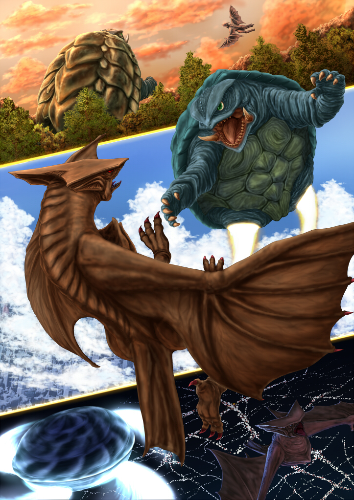 city_lights claws cloud daiei_film day dusk exhaust fire flying forest gamera gamera:_guardian_of_the_universe gamera_(series) giant giant_monster green_eyes gyaos hisha_maru kaiju monster nature night no_humans open_mouth plasma red_eyes sky slit_pupils spinning super_gyaos talons teeth tongue tree turtle turtle_shell tusks wings
