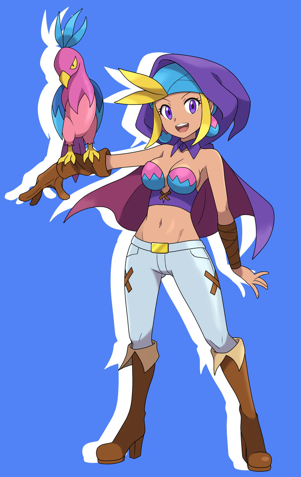 1girl :d animal_on_arm asatsuki_(fgfff) bare_shoulders bird bird_on_arm blonde_hair blue_background boots breasts brown_boots brown_gloves dark-skinned_female dark_skin earrings eyelashes full_body gloves high_heel_boots high_heels highres jewelry knee_boots looking_at_viewer navel open_mouth pants purple_eyes purple_hood shantae_(series) single_glove sky_(shantae) smile standing teeth upper_teeth_only wrench_(shantae)