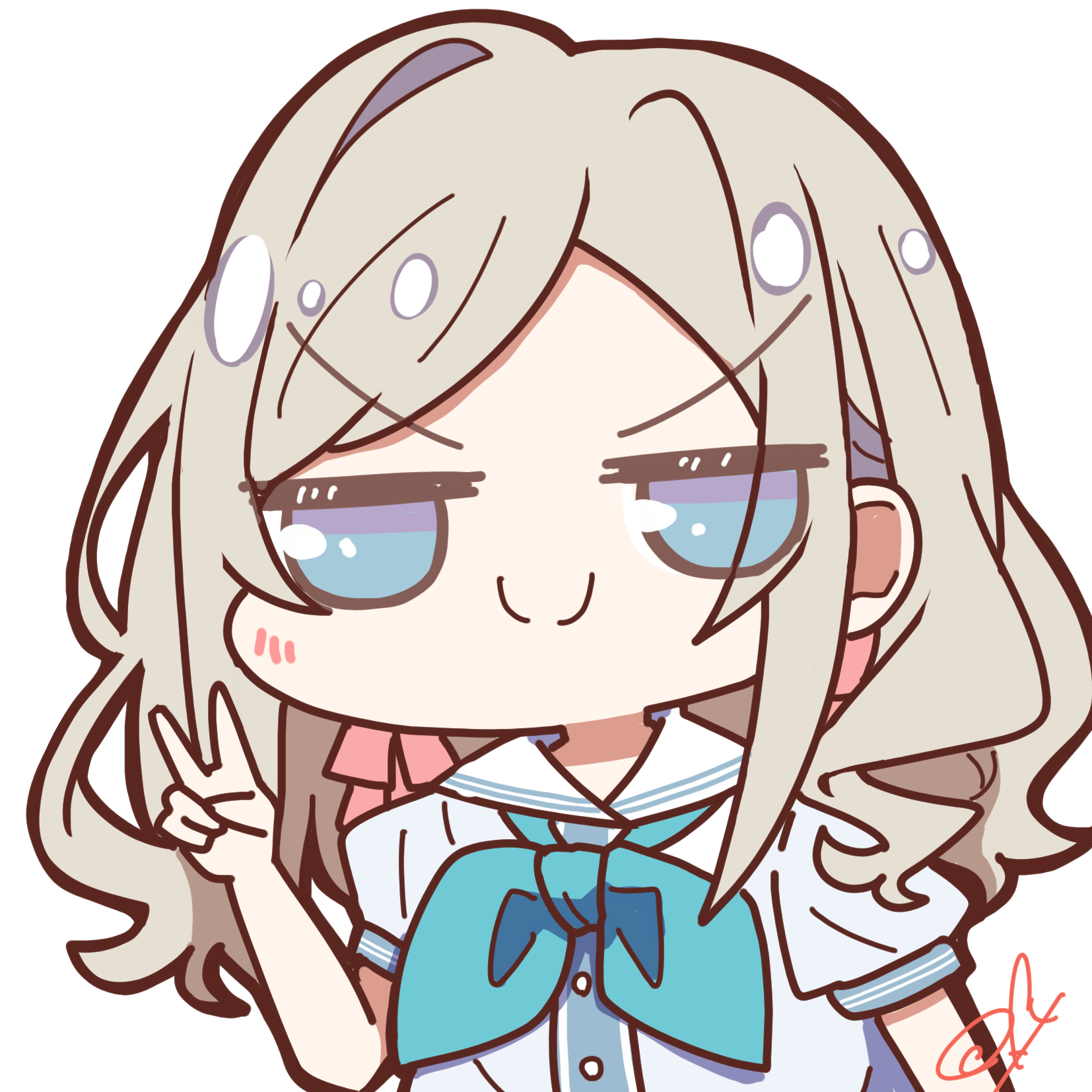 &gt;:) 1girl blue_dress blue_eyes blue_neckerchief c: ceras_yanagida_lilienfeld closed_mouth dress grey_hair hair_ribbon hasu_no_sora_school_uniform highres jitome link!_like!_love_live! long_hair looking_at_viewer love_live! neckerchief oofushi_ao pink_ribbon puffy_short_sleeves puffy_sleeves ribbon sailor_collar sailor_dress school_uniform short_sleeves signature simple_background smile solo split_mouth summer_uniform upper_body v v-shaped_eyebrows virtual_youtuber white_background white_sailor_collar
