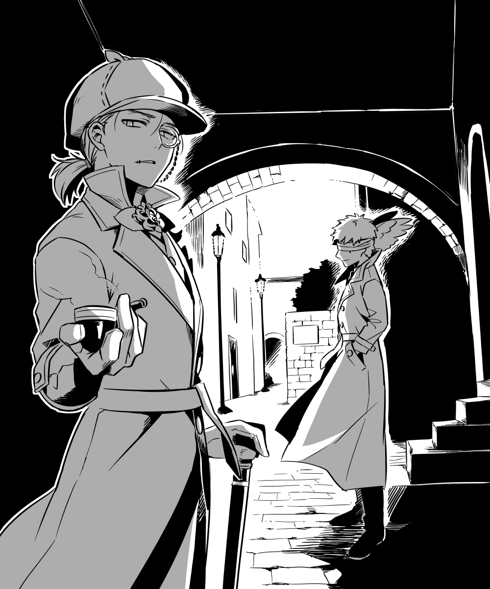 2boys animal animal_on_shoulder arch bird bird_on_shoulder blindfold bow bowtie brooch building cane coat collared_shirt cowboy_shot deerstalker detective eli_clark eli_clark_(recluse) full_body gloves greyscale hand_in_pocket hat highres holding holding_cane holding_smoking_pipe identity_v jewelry lamppost lapels looking_at_viewer low_ponytail male_focus medium_hair monochrome monocle multiple_boys naib_subedar naib_subedar_(mr._inference) necktie notched_lapels pants parted_lips ponytail profile shirt shoes short_hair short_ponytail smile smoking_pipe stairs standing stone_walkway trench_coat tsumumi_(kandume103)