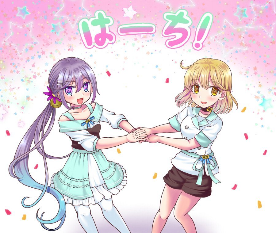 akebono_(8th_anniversary)_(kancolle) akebono_(kancolle) bell blonde_hair blue_dress brown_shorts clasp dress feet_out_of_frame flower gradient_hair hair_bell hair_flower hair_ornament holding_hands infinity_symbol izumi_shara jingle_bell kantai_collection long_hair multicolored_hair oboro_(8th_anniversary)_(kancolle) oboro_(kancolle) pantyhose purple_eyes purple_hair shirt shorts side_ponytail white_pantyhose white_shirt yellow_eyes