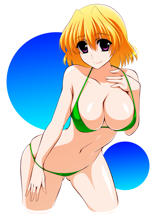 1girl adjusting_clothes adjusting_swimsuit bikini blonde_hair breasts cleavage closed_mouth commentary cowboy_shot cropped_legs engo_(aquawatery) green_bikini halterneck large_breasts leaning_forward looking_at_viewer lowleg lowleg_bikini lyrical_nanoha purple_eyes shamal short_hair smile solo standing string_bikini swimsuit white_background