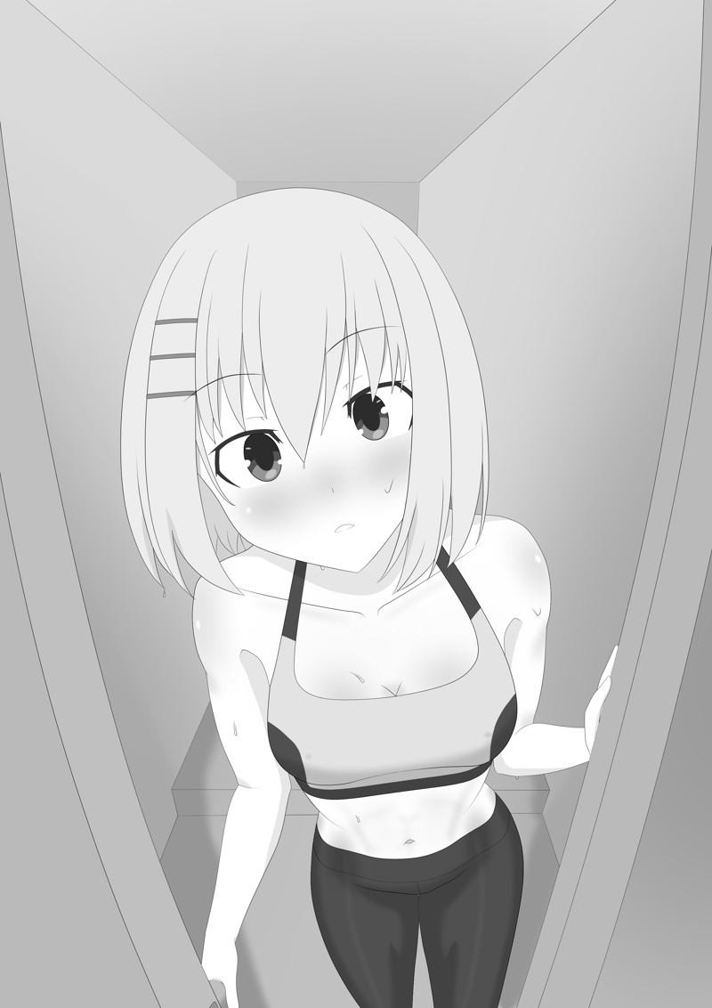 1girl bad_tag bare_shoulders blush breasts collarbone date_a_live from_above greyscale hair_ornament hairclip looking_at_viewer medium_breasts monochrome navel pants rayos short_hair solo sports_bra sweat tobiichi_origami yoga_pants